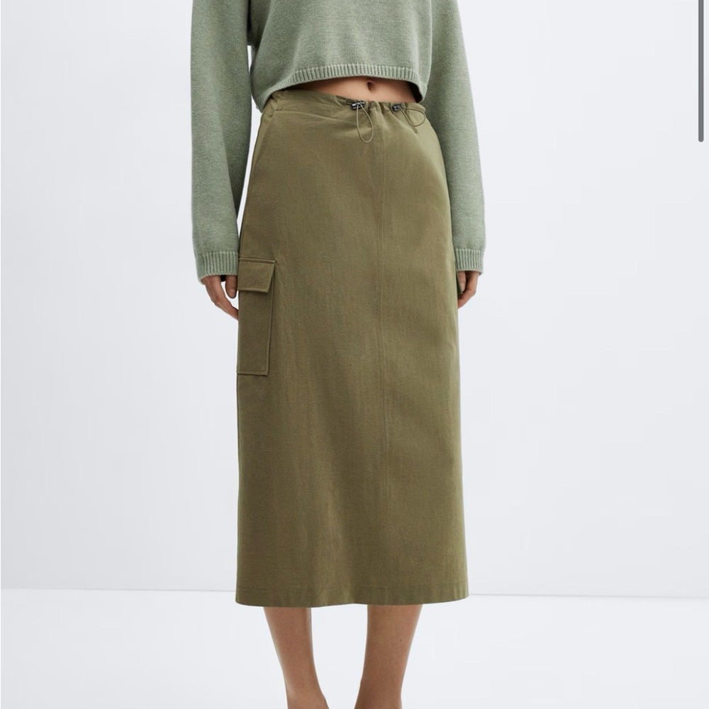 Mango Khaki Green Midi Skirt With Cargo Pockets